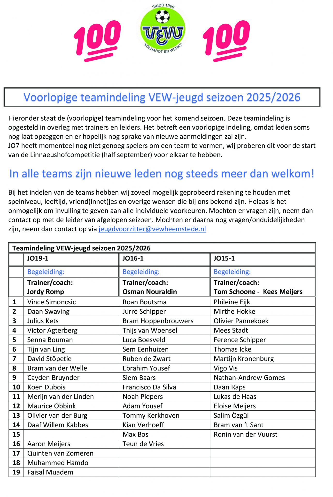 Voorlopige teamindeling VEW Jeugd